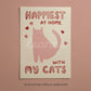 Unframed print with pink cat silhouette, Happiest at Home text and red heart doodles
