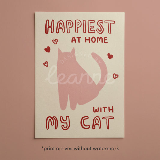 Happiest at Home print with pink cat and red hearts, “with my cat” on cream paper