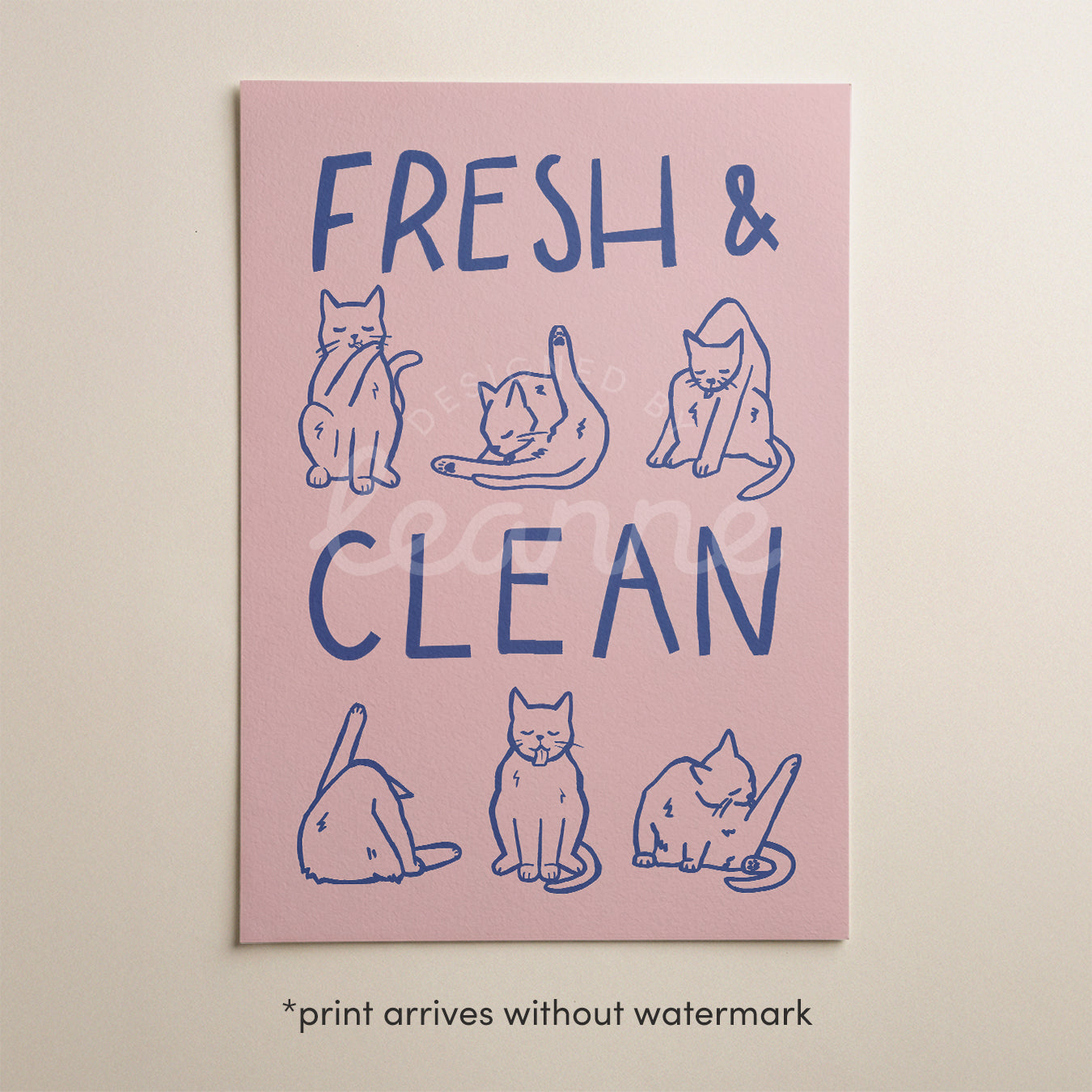 Unframed bathroom cat print with 'Fresh & Clean' in blue and line cat drawings on pink