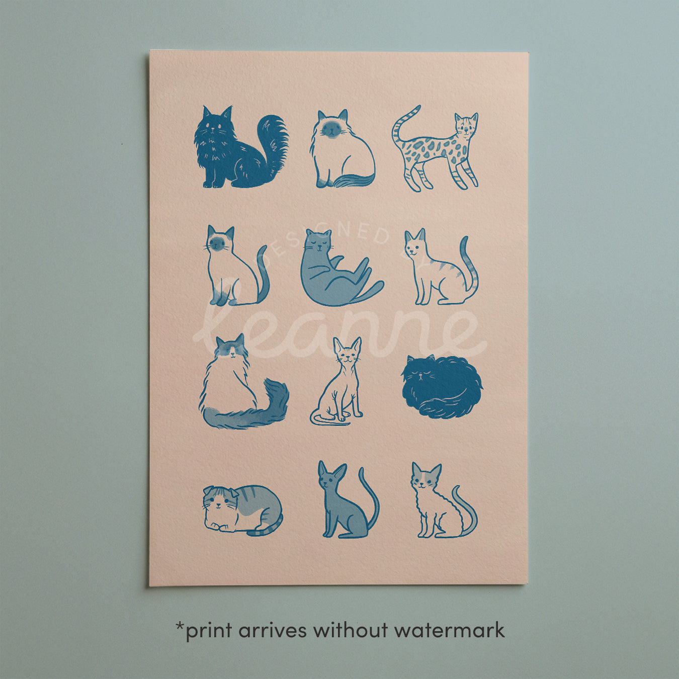 Cat breeds collage art print with blue cats on light pink-beige background, nine figures