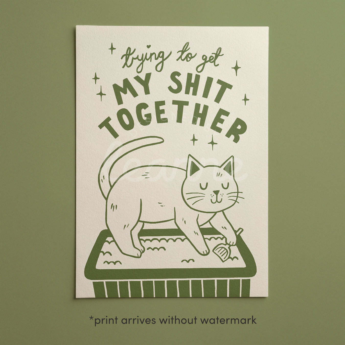 Framed cat print, green “MY SHIT TOGETHER” lettering with two cats on a cushion