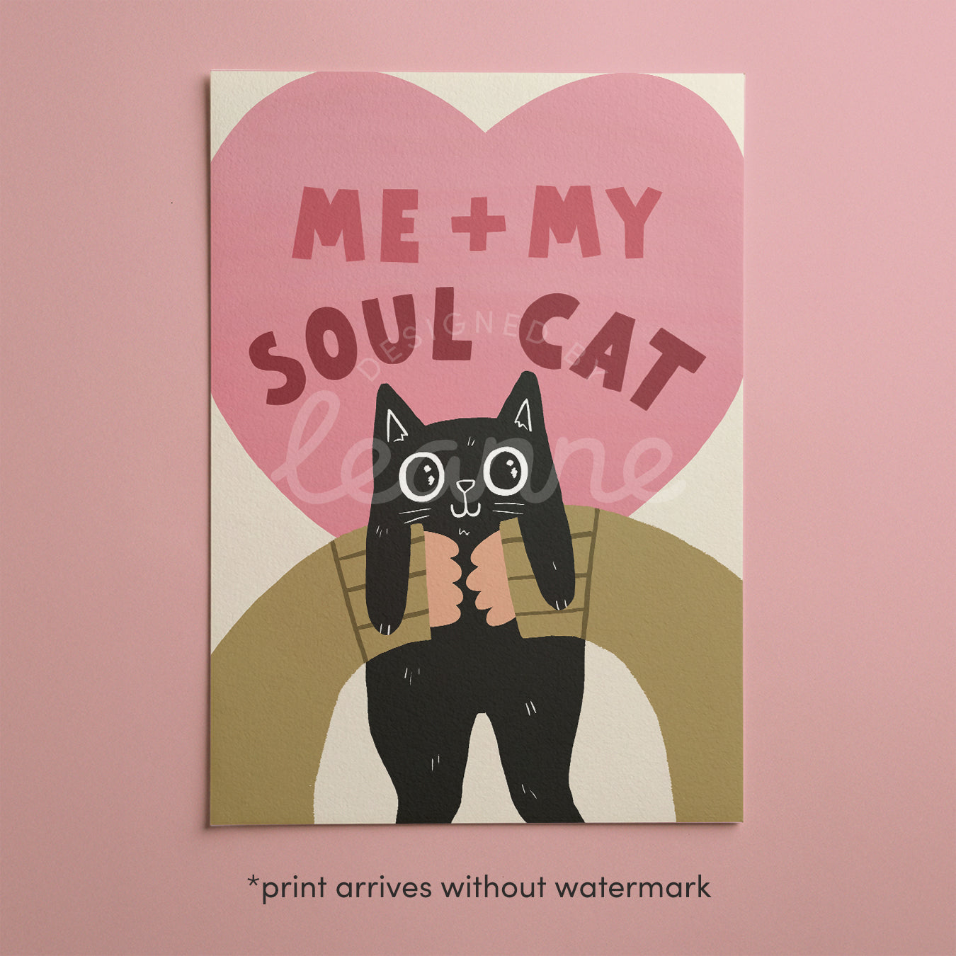 Square cat wall art: black cat under “ME + MY SOUL CAT” pink heart text