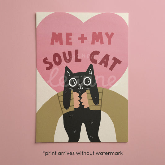 Square cat wall art: black cat under “ME + MY SOUL CAT” pink heart text
