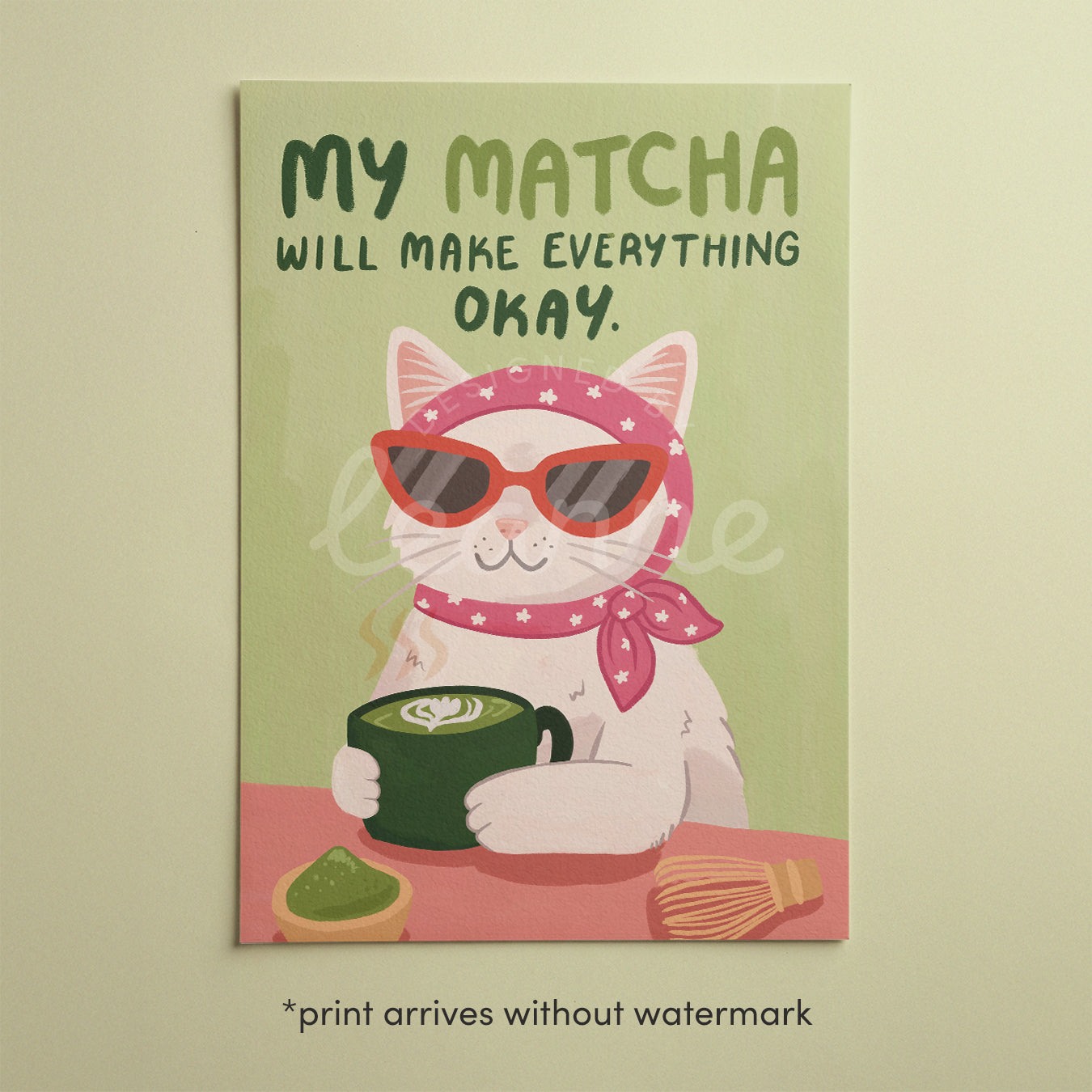 Art print unframed: My Matcha, green-toned cat with sunglasses, holding a matcha cup