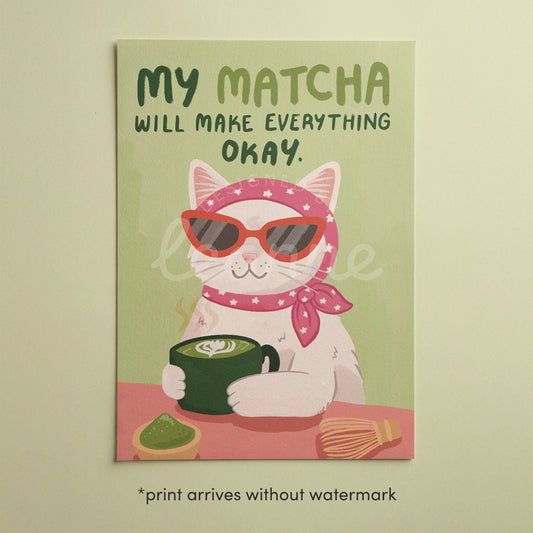 Art print unframed: My Matcha, green-toned cat with sunglasses, holding a matcha cup