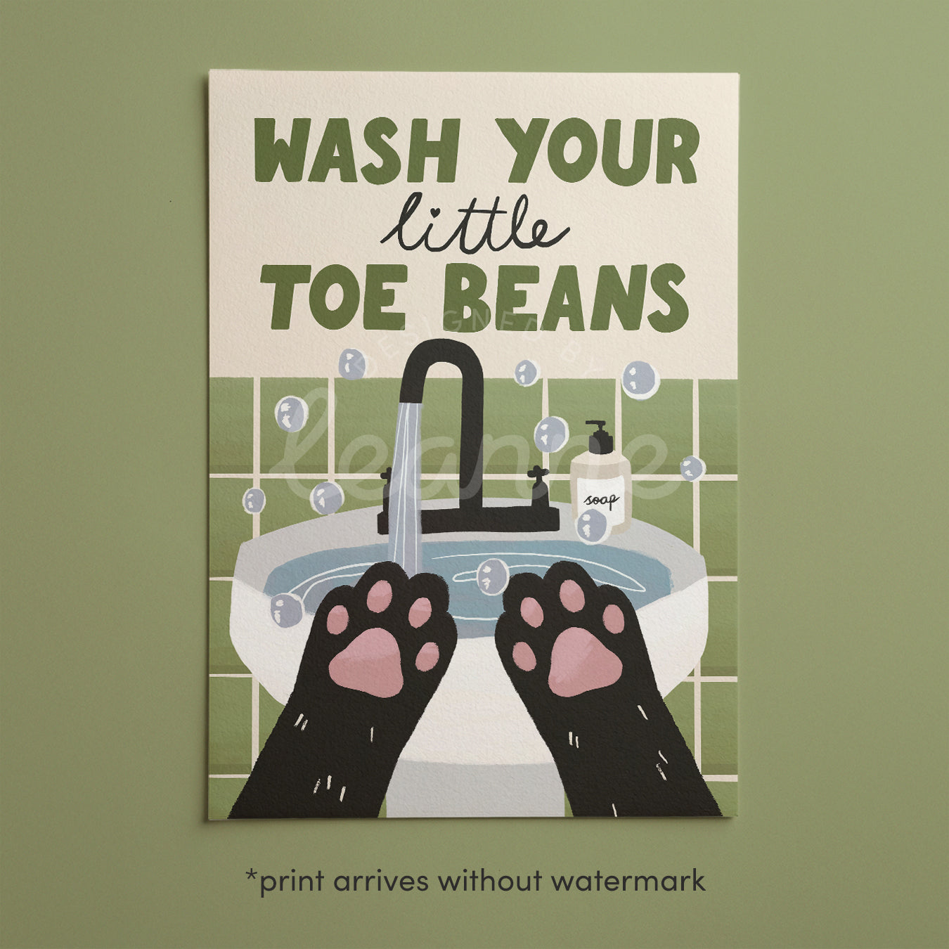 Wash Your little Toe Beans framed print with sink and paw hands, green theme