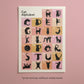 Cat Alphabet Katzenalphabet-Print mit bunten Buchstabenfeldern, im weißen Rahmen