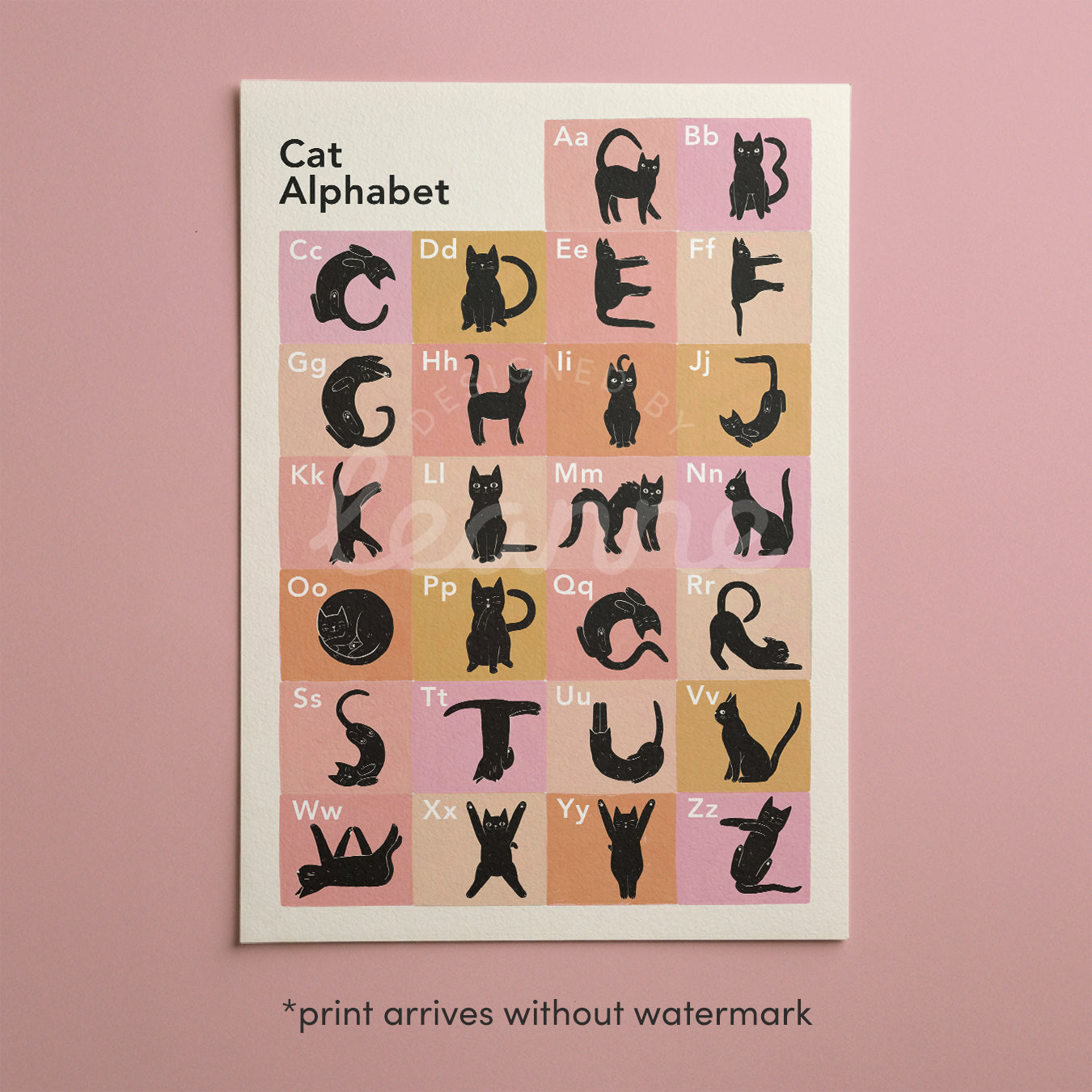 Cat Alphabet Katzenalphabet-Print mit bunten Buchstabenfeldern, im weißen Rahmen