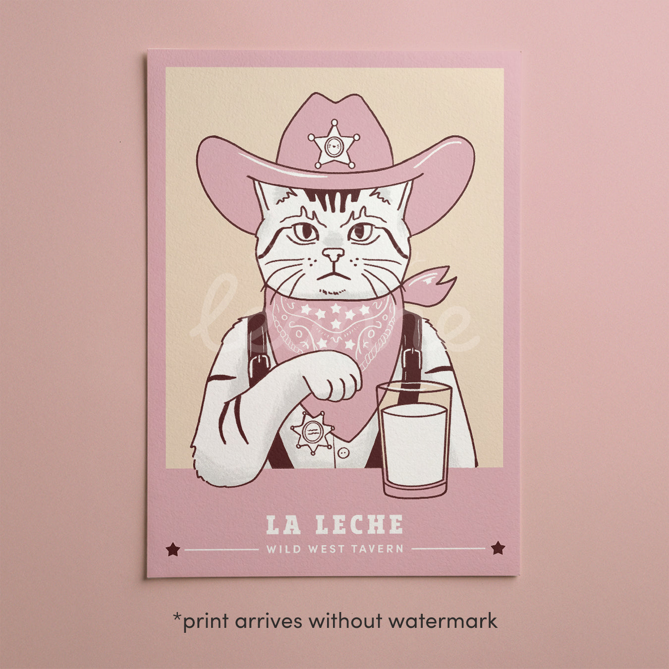 Minimalist cowboy sheriff cat poster print, unframed, pastel pink colorway
