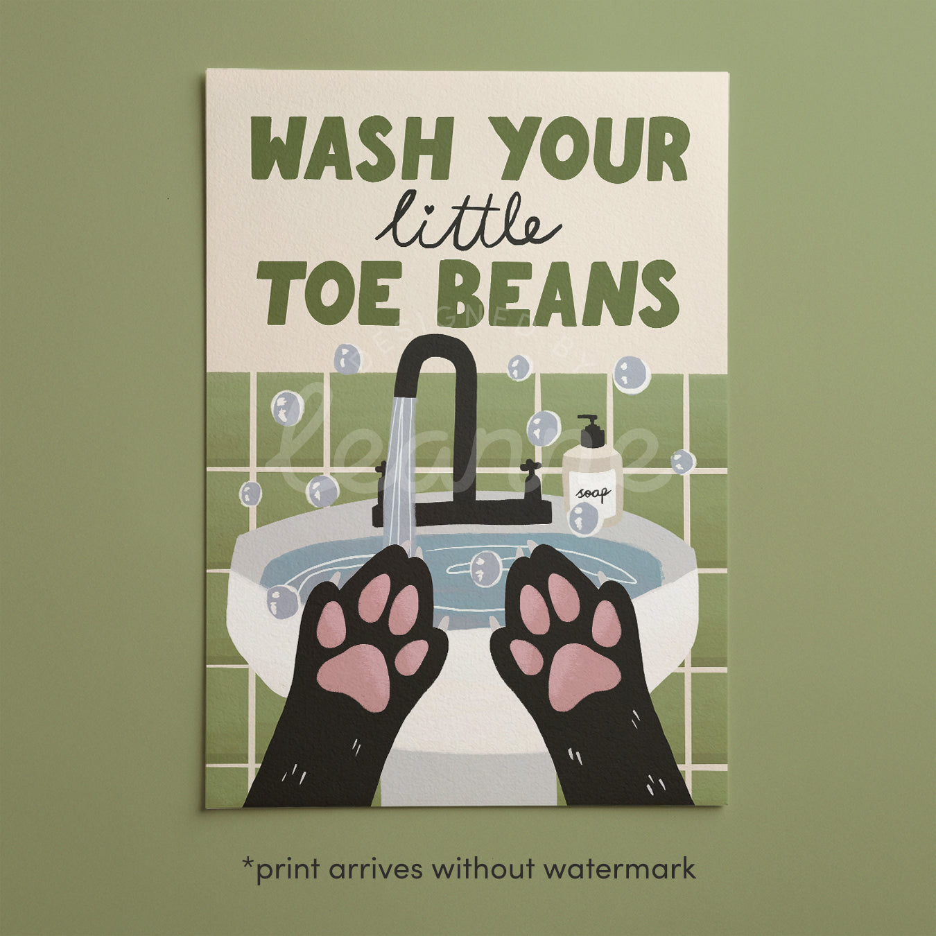 Wash your little toe beans framed print, green paw-hand wash theme and lettering