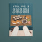 You, Me & Sushi wall print (unframed) with dark blue background, sushi platter and chopsticks