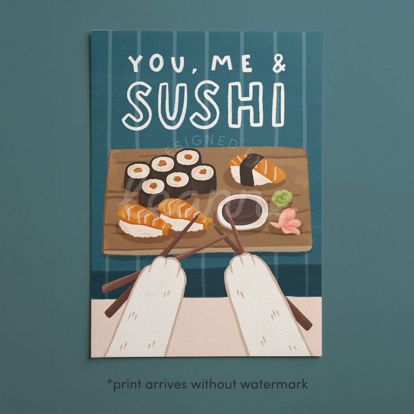 You, Me & Sushi wall print (unframed) with dark blue background, sushi platter and chopsticks