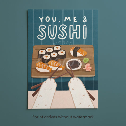 You, Me & Sushi wall print (unframed) with dark blue background, sushi platter and chopsticks
