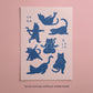 Cat yoga poses art print in blue on pink background, minimalist boho style