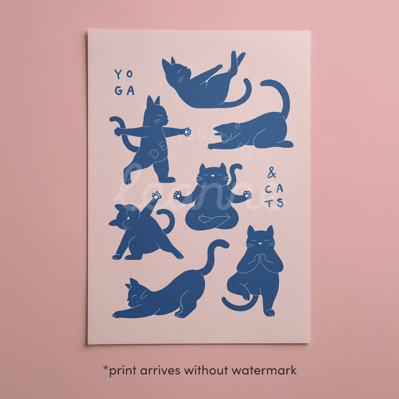 Cat yoga poses art print in blue on pink background, minimalist boho style