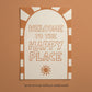 Welcome to the Happy Place wall print, orange lettering and sun graphic