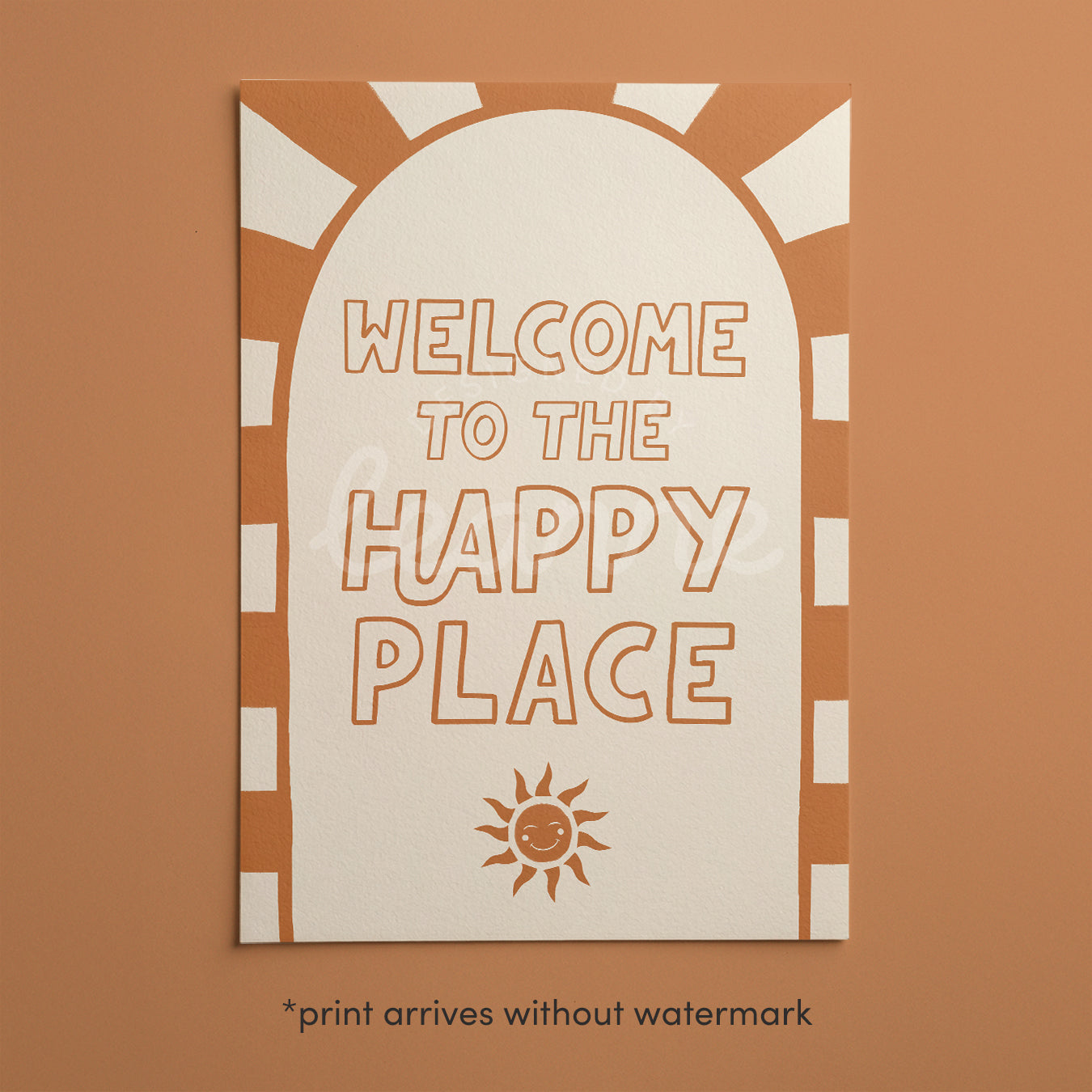 Welcome to the Happy Place wall print, orange lettering and sun graphic