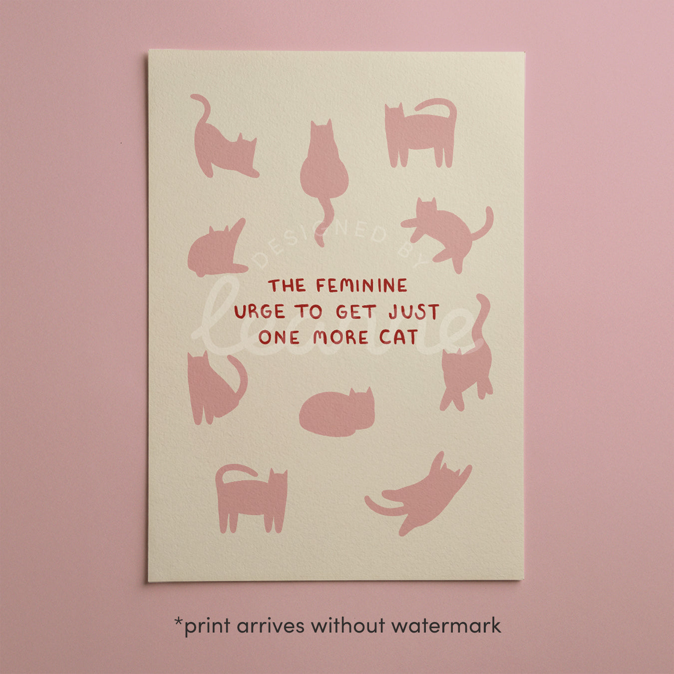 Cat quote print with pink cat silhouettes and red text “THE FEMININE…ONE MORE CAT”