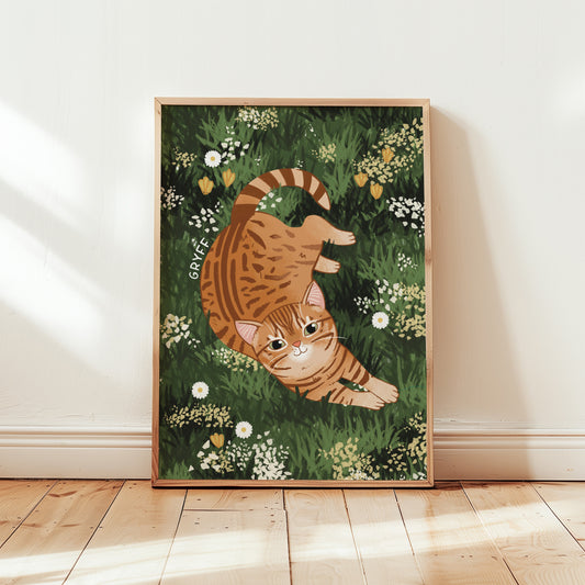 Personalised Cat and Wildflowers Wall Art Print (unframed)