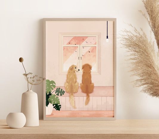 Personalised Dog Portrait of Pets Looking Out the Window Art Print (unframed)