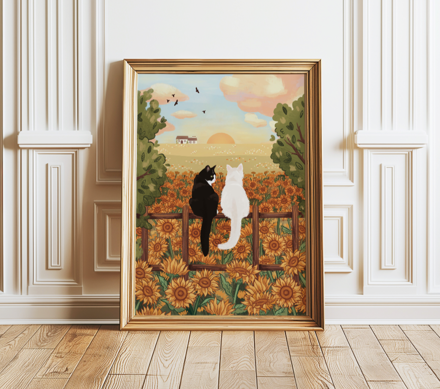 Personalised Cats in Sunflower Field Portrait Print (unframed)