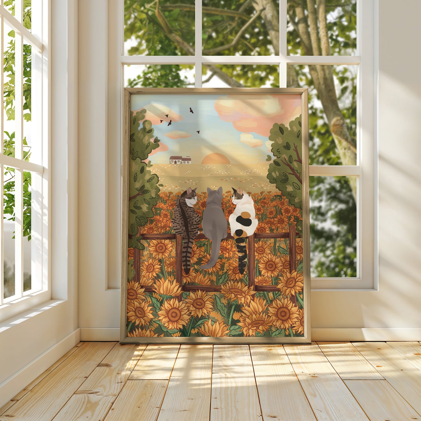 Personalised Cats in Sunflower Field Portrait Print (unframed)