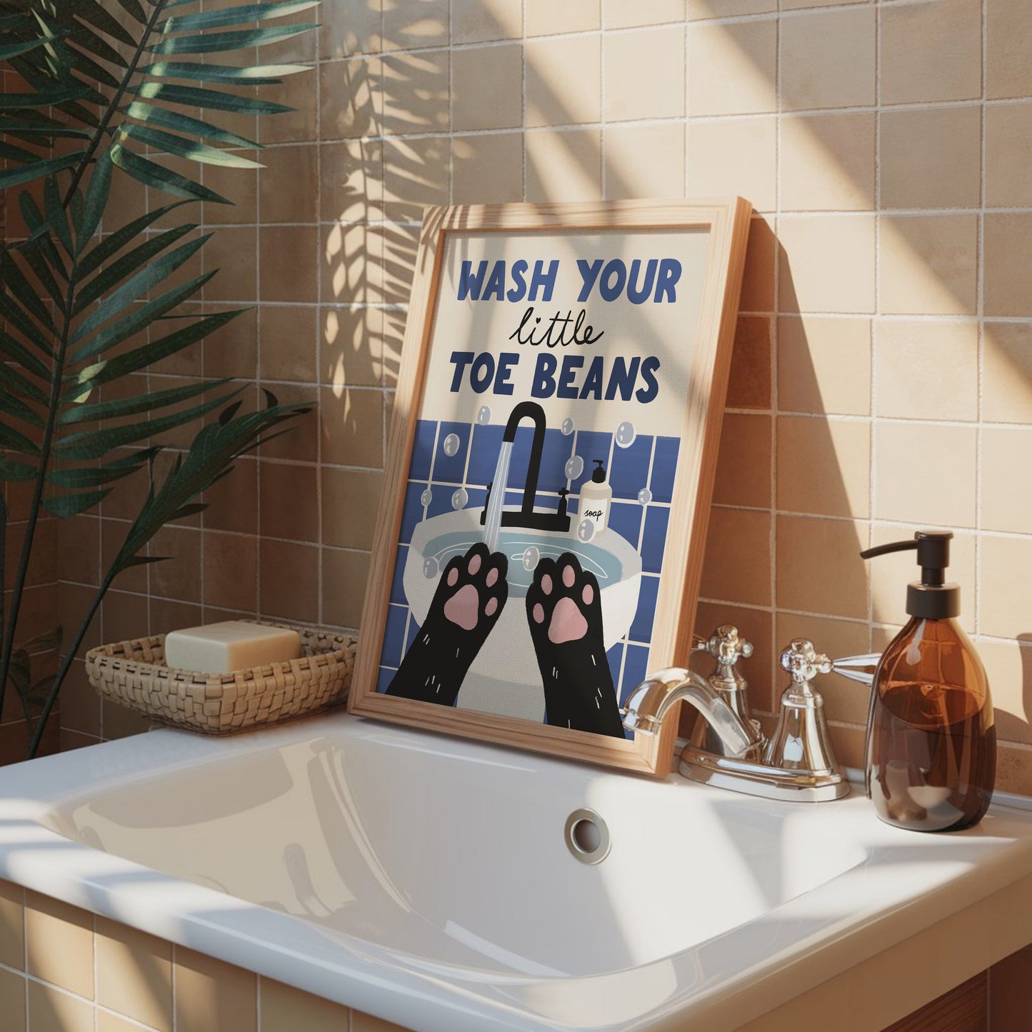 Wash Your little Toe Beans framed print with blue text, sink and paw hands