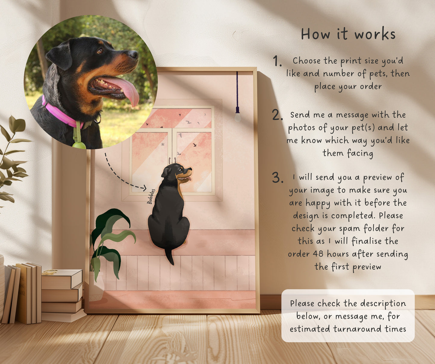 Personalised Dog Portrait of Pets Looking Out the Window Art Print (unframed)