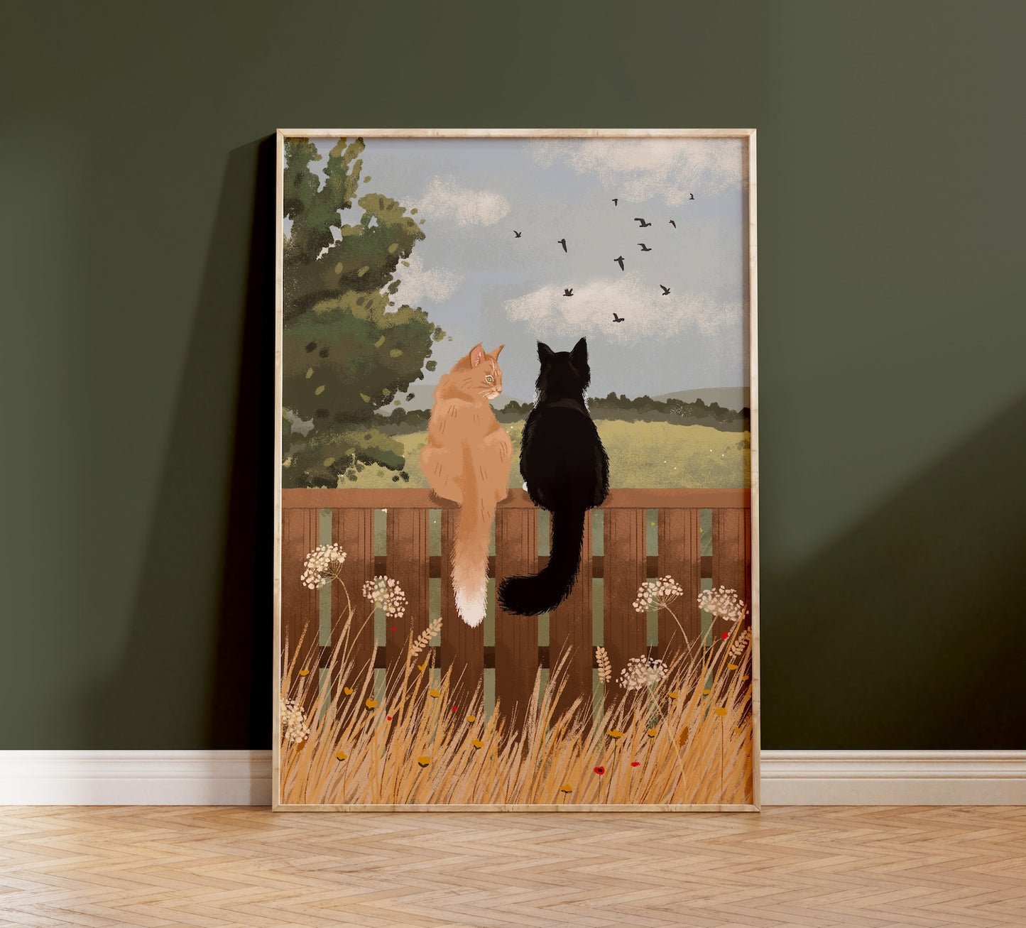 Personalised Cats Sitting on Fence in Countryside Print (unframed)