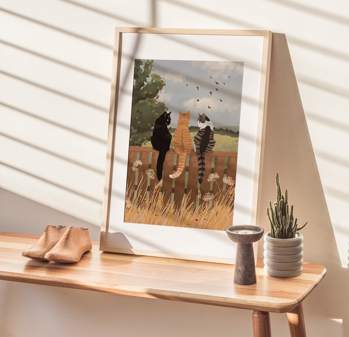 Personalised Cats Sitting on Fence in Countryside Print (unframed)