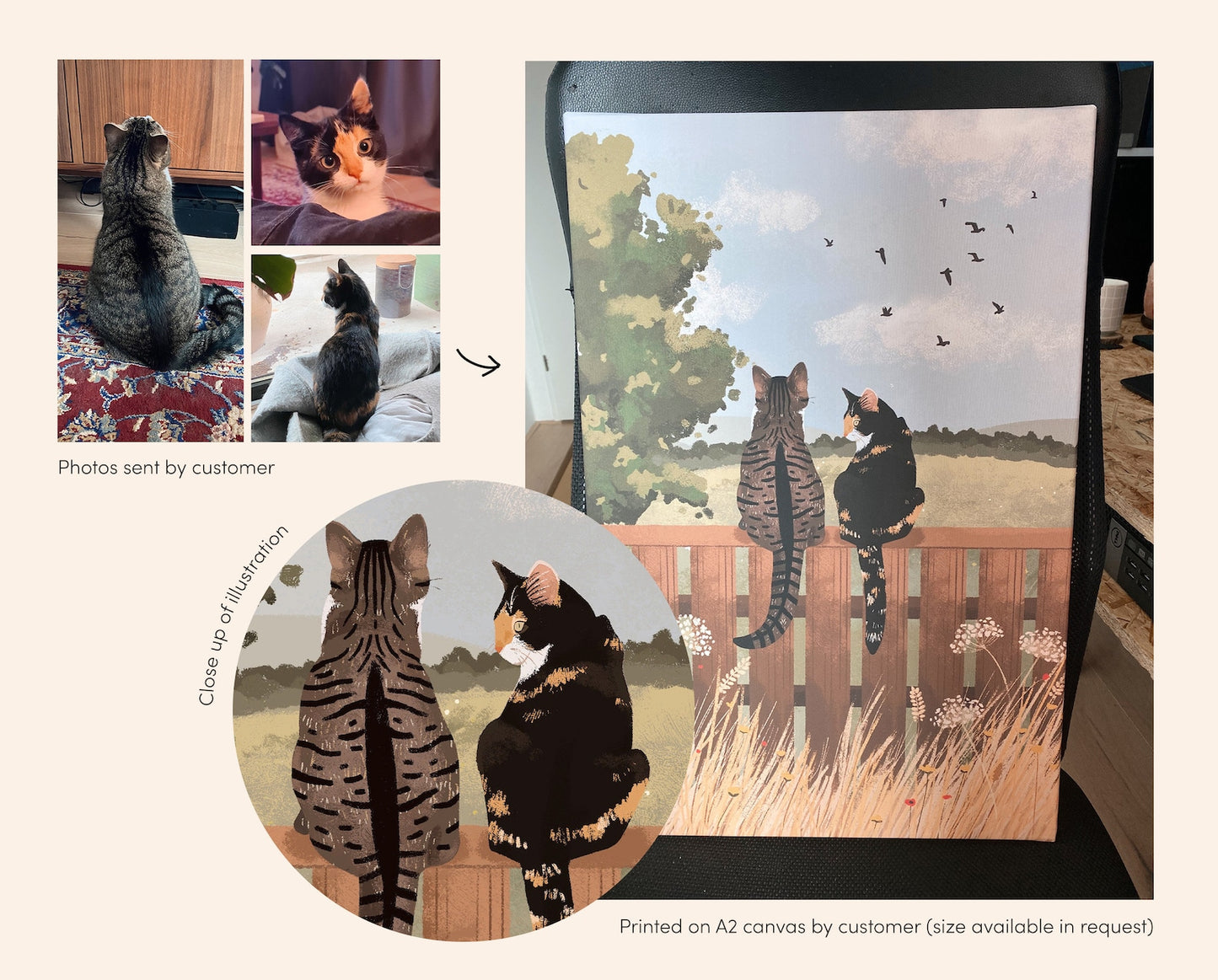 Personalised Cats Sitting on Fence in Countryside Print (unframed)