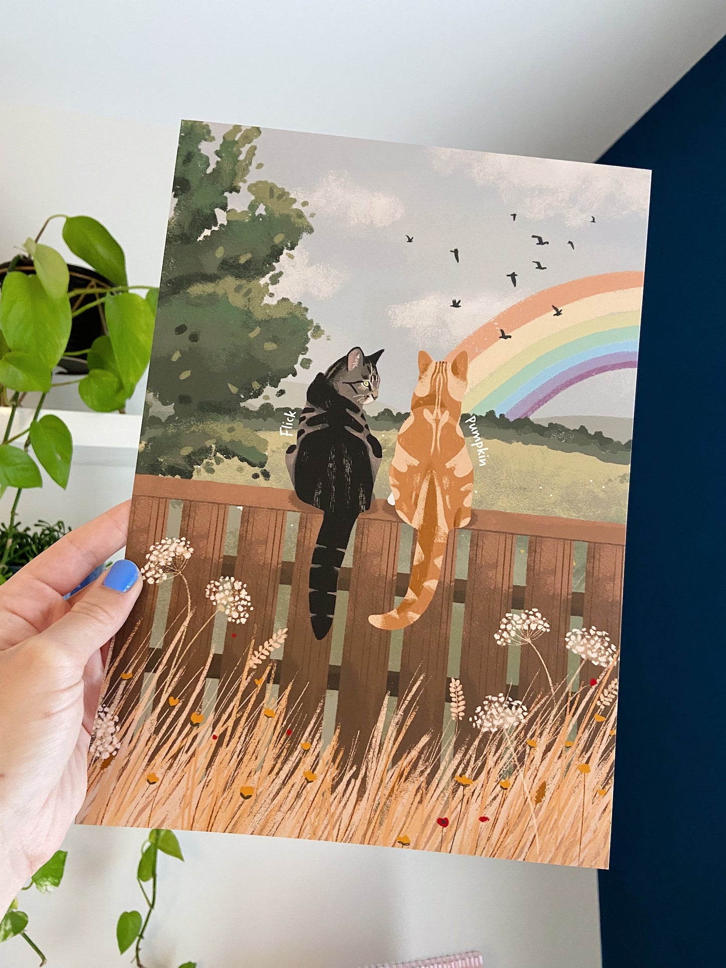 Personalised Cats Sitting on Fence in Countryside Print (unframed)