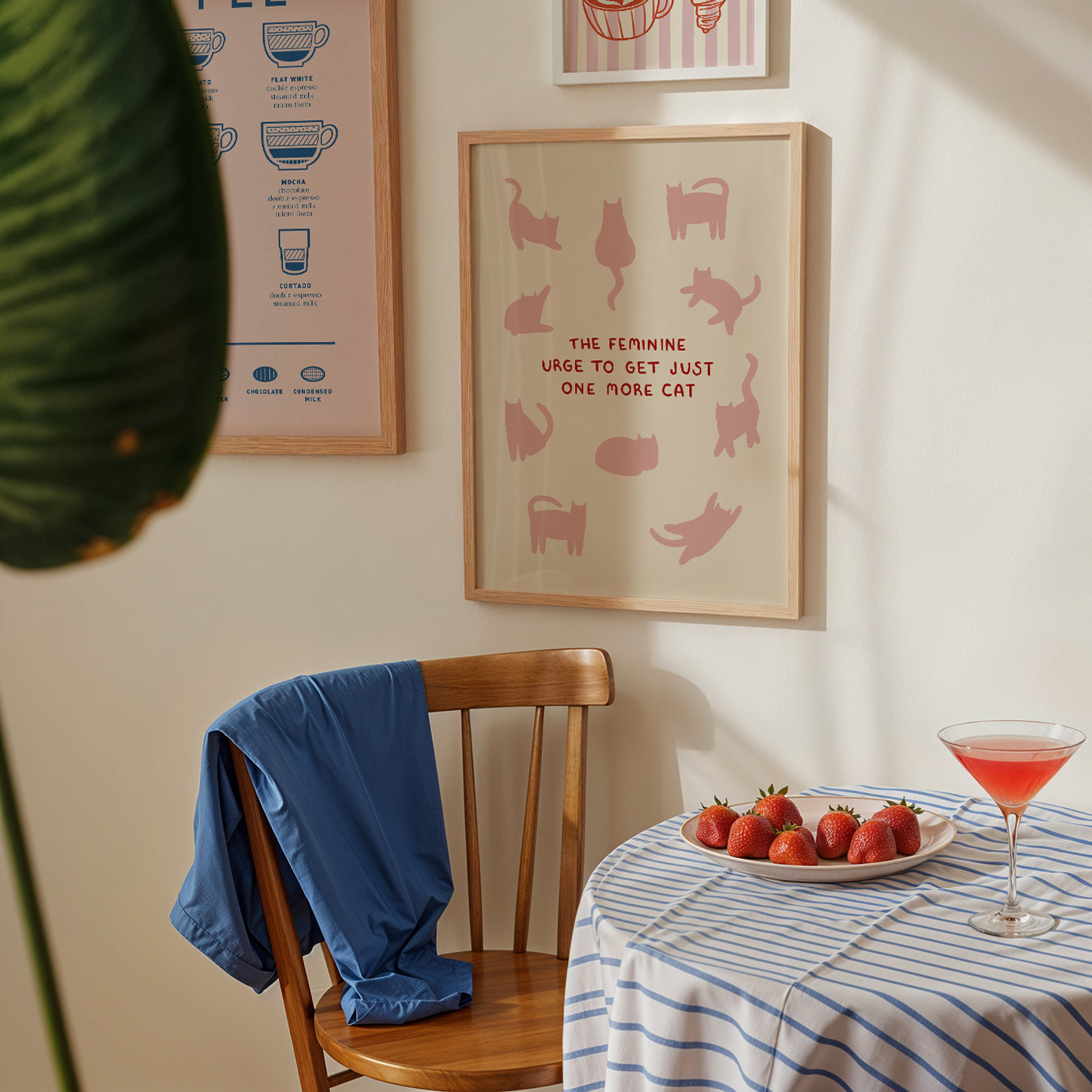 Cat quote print in wooden frame, pink cats and red “ONE MORE CAT” lettering