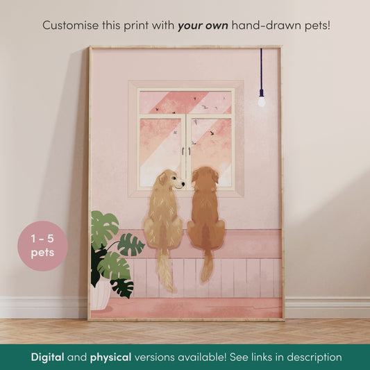 Personalised Dog Portrait of Pets Looking Out the Window Art Print (unframed)
