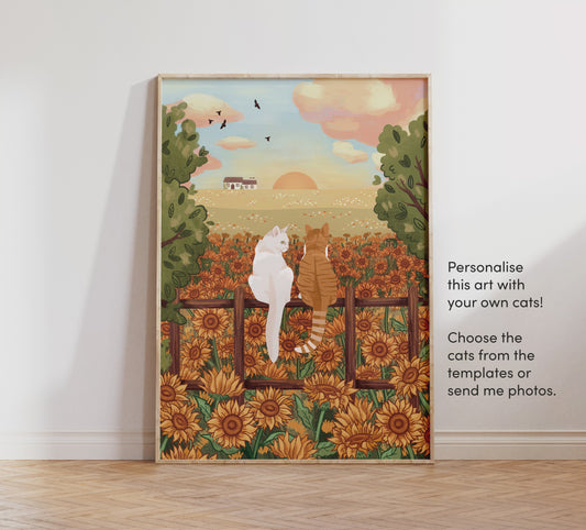 Personalised Cats in Sunflower Field Portrait Print (unframed)