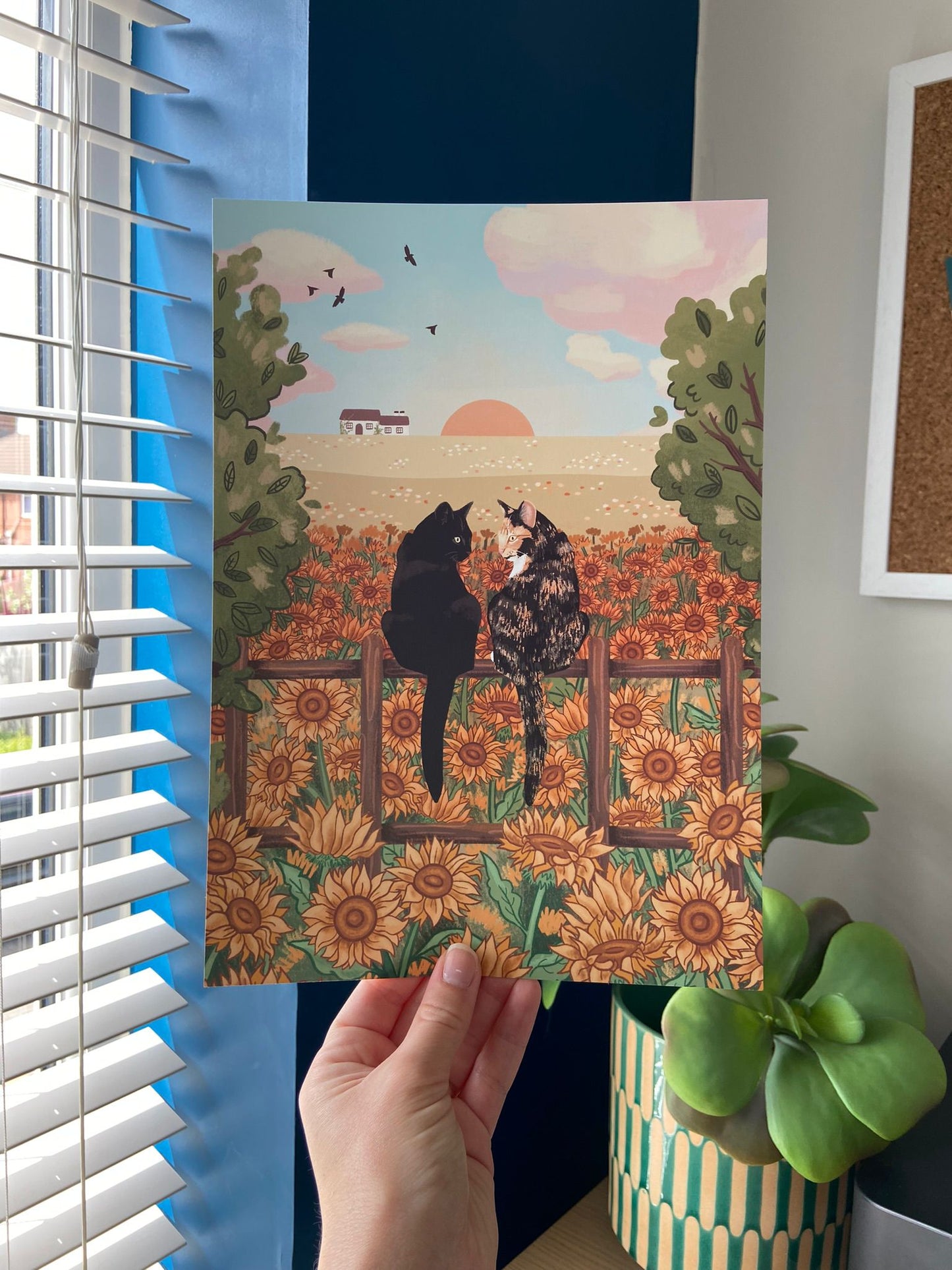 Personalised Cats in Sunflower Field Portrait Print (unframed)